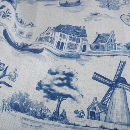 100% LINEN Fabric Delft Holland scenery - linen fabric with blue white print - heavy linen fabric for upholstery home decor tablecloth