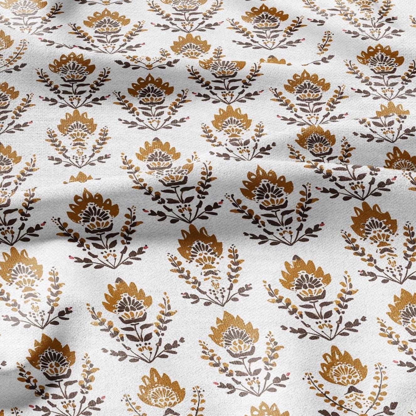 100% LINEN Fabric Mustard hand block print linen -  floral fabric for upholstery home decor dress making 2373