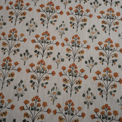 100% LINEN Fabric block print on oatmeal natur linen fabric with yellow floral print, heavy linen fabric for upholstery home decor