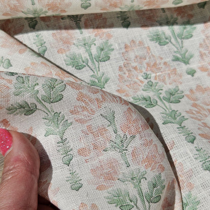 100% LINEN Fabric floral - Pastel Botanical block print fabric large flowers pink blue green for upholstery curtains home textile 2572