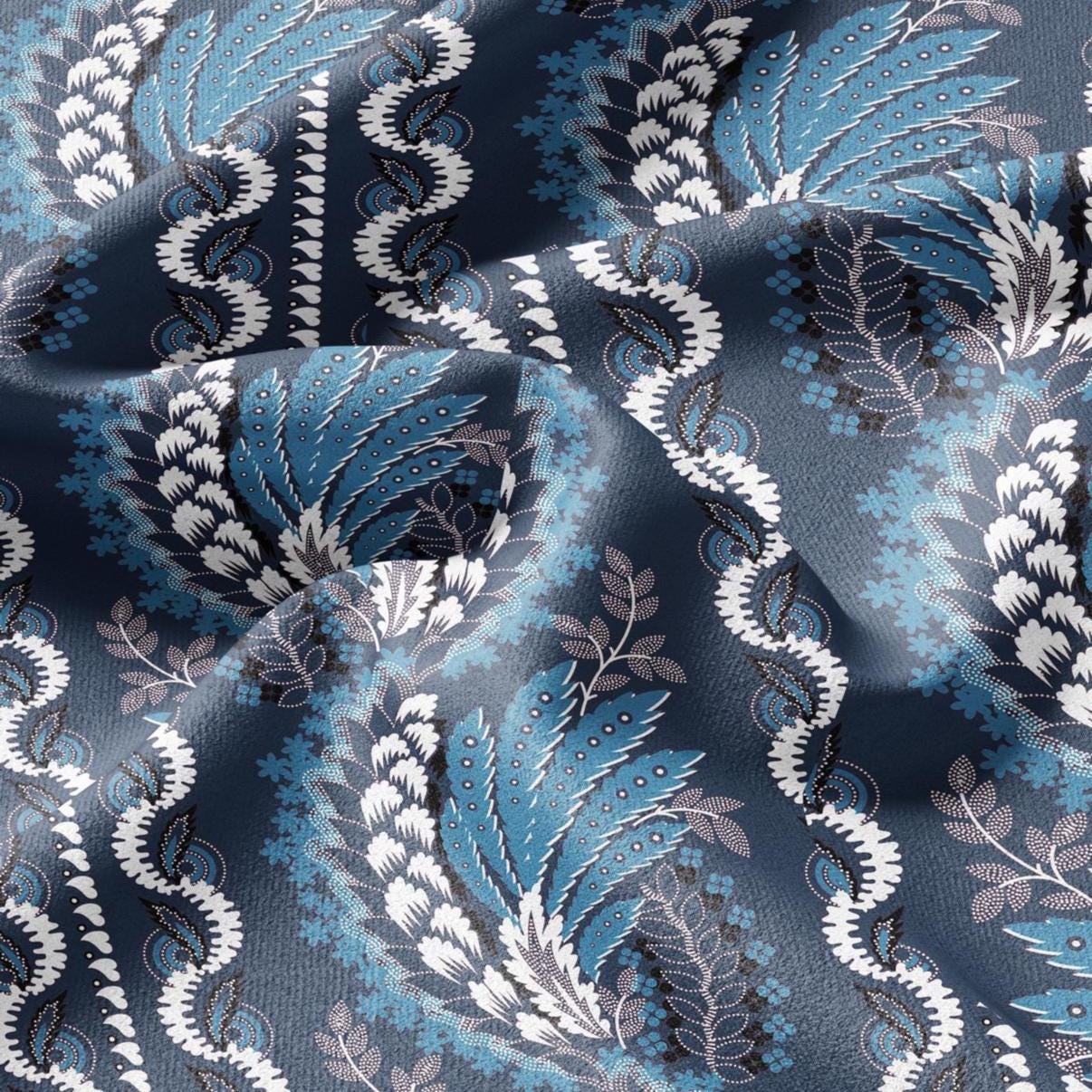 100% LINEN Fabric Vintage floral squirl stripe print - Modern botanical - Victorian Art Craft blue 2960