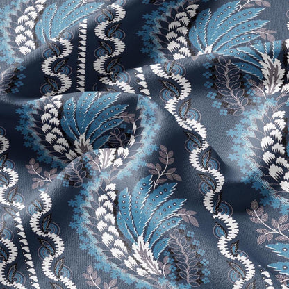 100% LINEN Fabric Vintage floral squirl stripe print - Modern botanical - Victorian Art Craft blue 2960