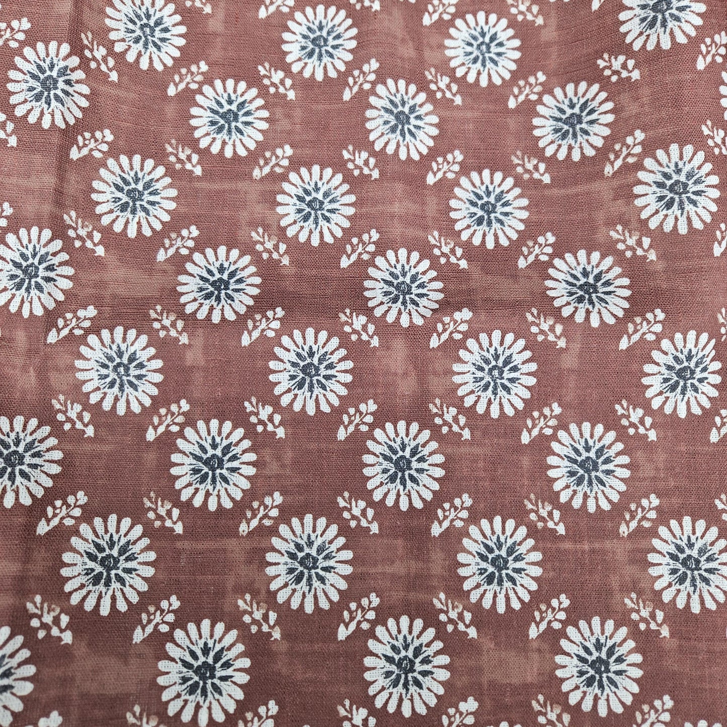 100% LINEN Fabric floral print - muddy brown white stripe block print linen heavy for upholstery home decor - medium for dress making 2808