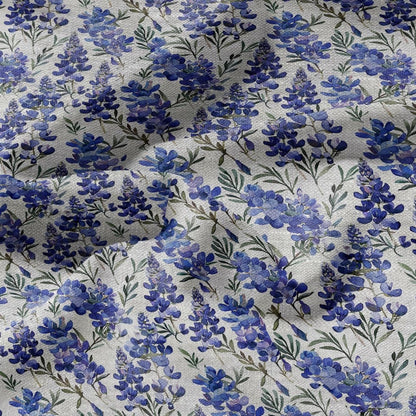 100% LINEN Fabric Lupin blue flower print on oatmeal linen - modervintage floral - sewing clothing home textile light upholstery 2972