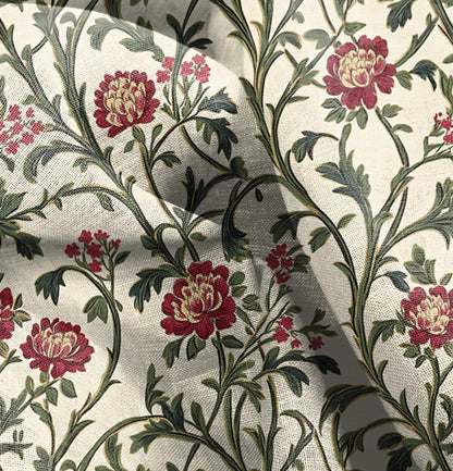 100% LINEN Fabric oriental with floral print,  linen fabric with botanical print, heavy linen fabric for upholstery home decor