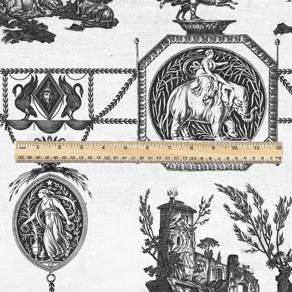 100% LINEN Fabric french black white print - Goddess Diana with Lion - toile de jouy - Diane chasseresse by Jean-Baptiste Huet 3420