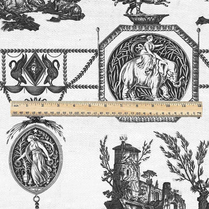 100% LINEN Fabric french black white print - Goddess Diana with Lion - toile de jouy - Diane chasseresse by Jean-Baptiste Huet 3420