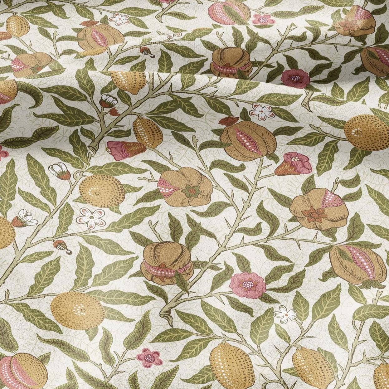 William Morris Fruits 100% LINEN Fabric - British linen floral upholstery - lemon Pomegranate home textile Victorian fabrics yellow 3173