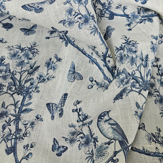 100% LINEN Fabric Toile de Jouy , white botanical fabric with blue indigo print, French linen floral Birds  and butterflies