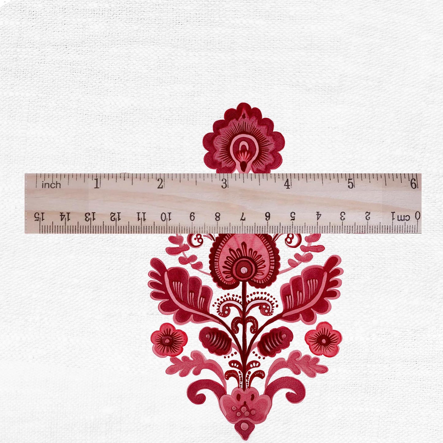 100% LINEN Fabric Block Pandanus flower print  red - floral upholstery home textile artisan fabrics green white 3046