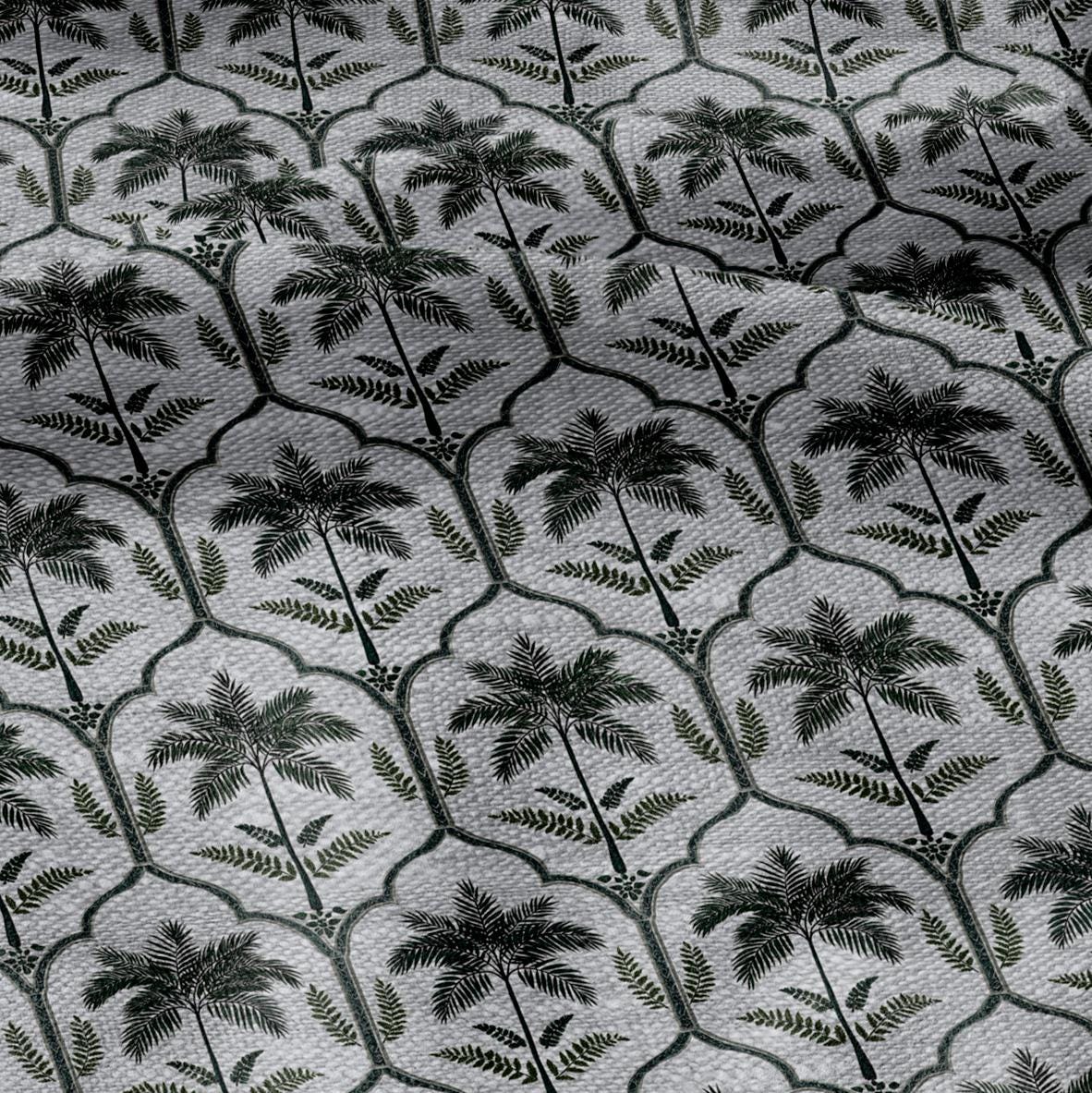 100% LINEN Fabric  Deco Palm green print - oatmeal linen fabric with botanical print - heavy for home decor clothing 3347