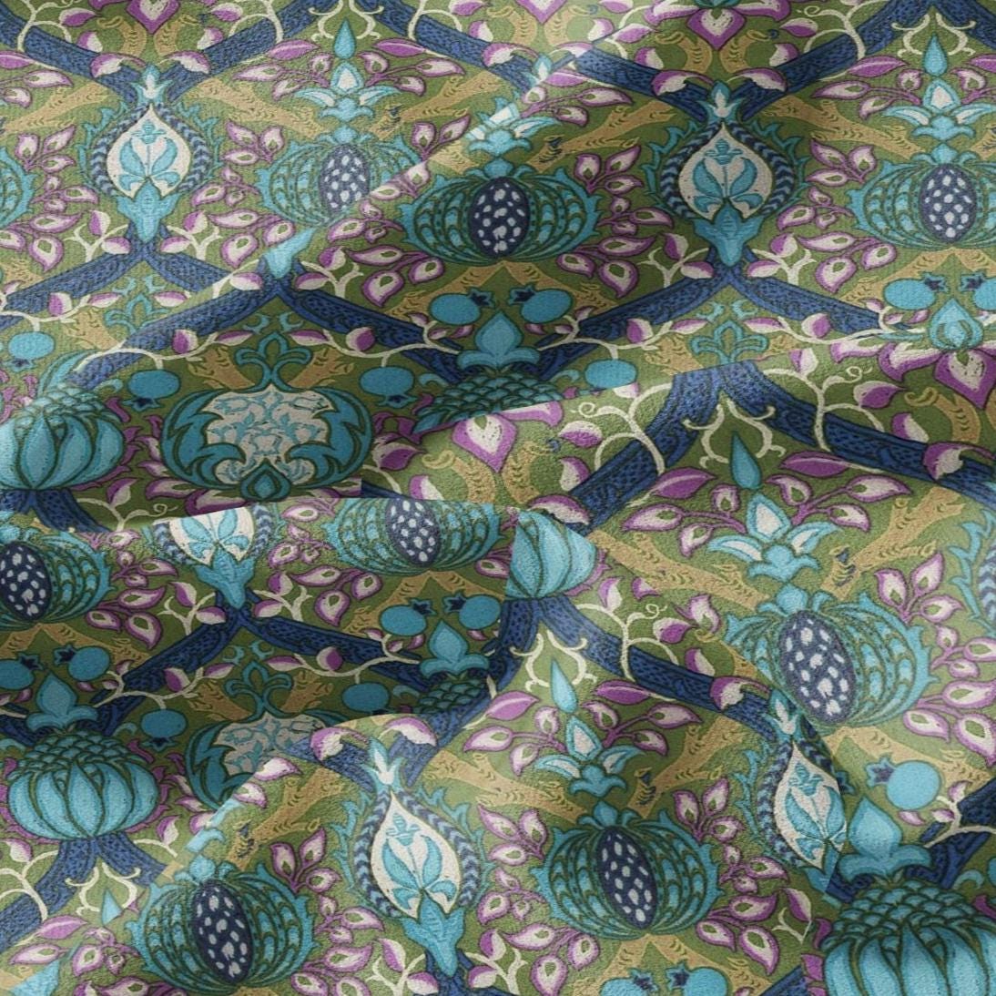 100% LINEN Fabric William Morris Granada print - British linen floral upholstery home textile Victorian fabrics green blue 3223