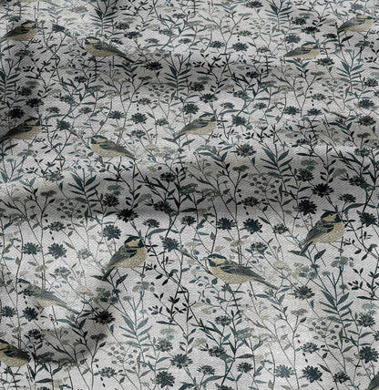 100% LINEN Fabric floral with birds meadow print -  heavy linen fabric with pale green print for upholstery home decor curtains pillowcases