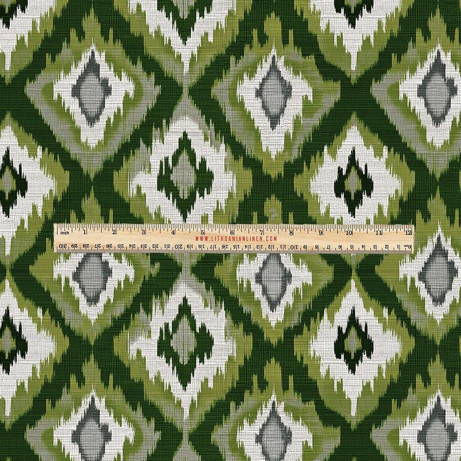 100% LINEN Fabric UPHOLSTERY 12oz - Green checks ikat print on linen 2968