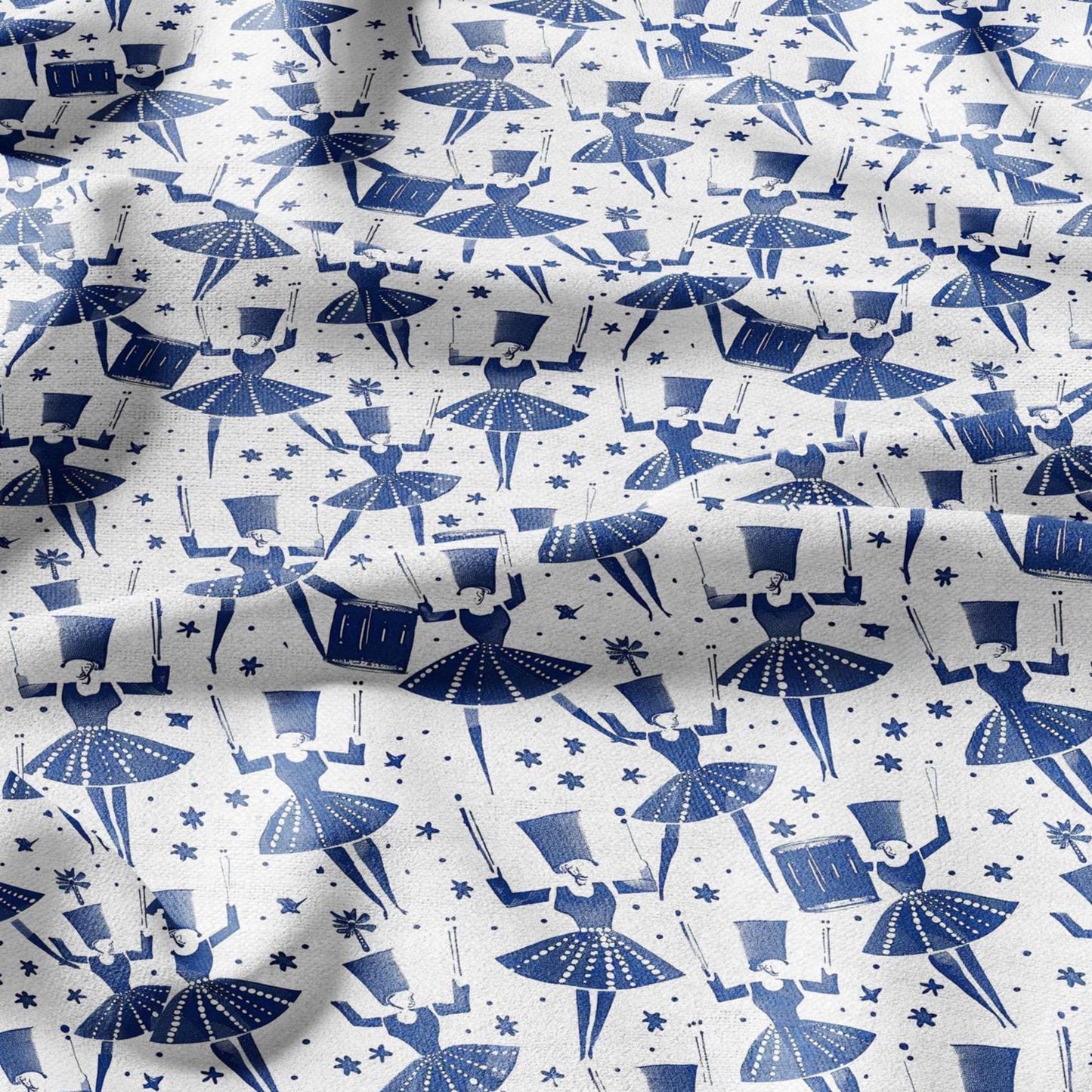 100% LINEN Fabric block print Drummers - blue white print - heavy linen fabric for upholstery home decor 2592