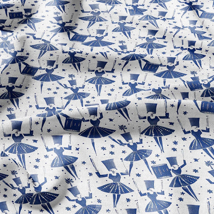 100% LINEN Fabric block print Drummers - blue white print - heavy linen fabric for upholstery home decor 2592
