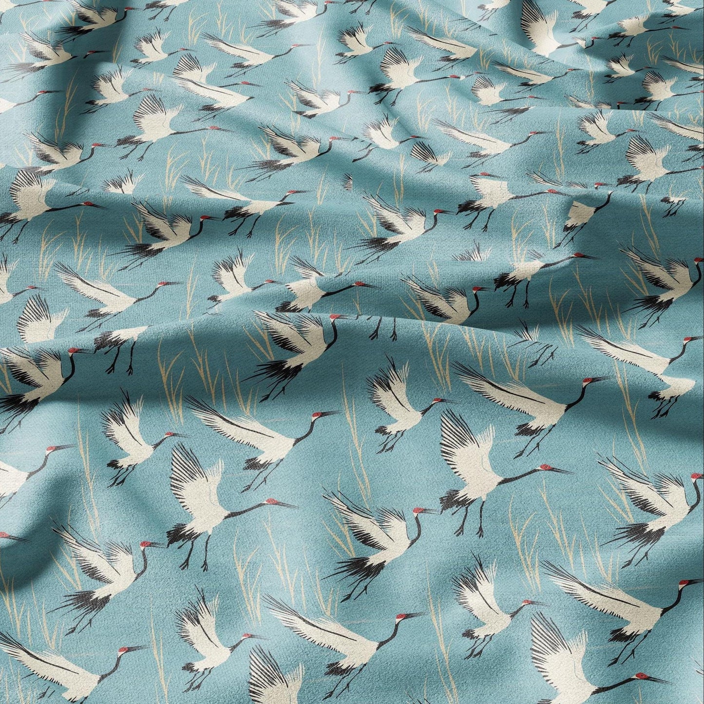 100% LINEN Fabric Cranes print - animal linen fabric with bird print for upholstery home decor curtains pillowcases dress making