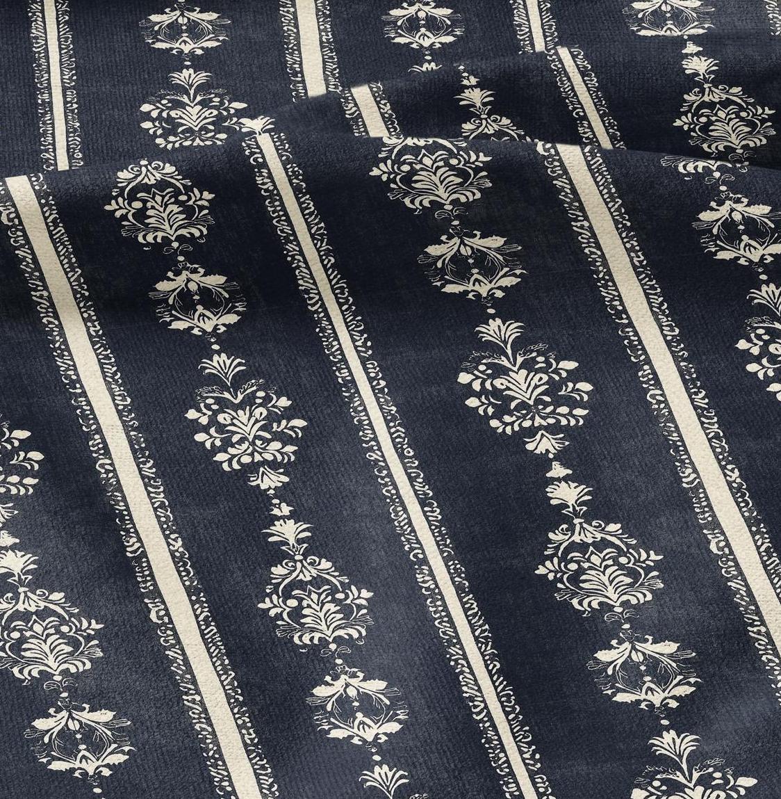 100% LINEN Fabric Indigo blue stripe block - tribal print on linen print upholstery curtains dress making