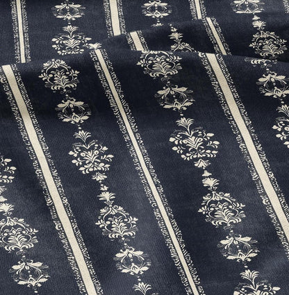 100% LINEN Fabric Indigo blue stripe block - tribal print on linen print upholstery curtains dress making