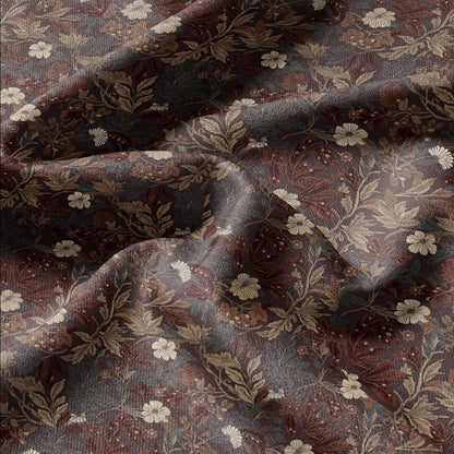 100% LINEN Fabric Autumn leaves floral print - Modern botanical - brown 3026