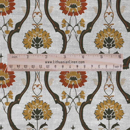 100% LINEN Fabric Retro orange green gray - floral print on oatmeal linen for home decor sewign dress clothing 2871