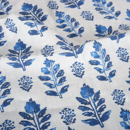 100% LINEN Fabric block print blue white - linen fabric with indian blue floral print, heavy linen fabric for upholstery home decor