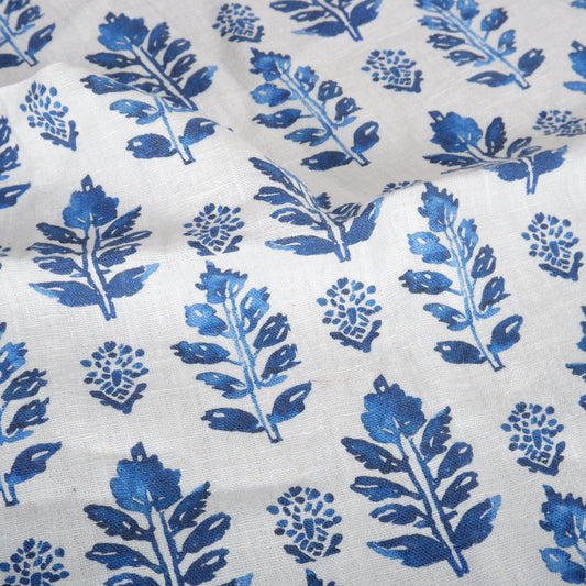 100% LINEN Fabric block print blue white - linen fabric with indian blue floral print, heavy linen fabric for upholstery home decor