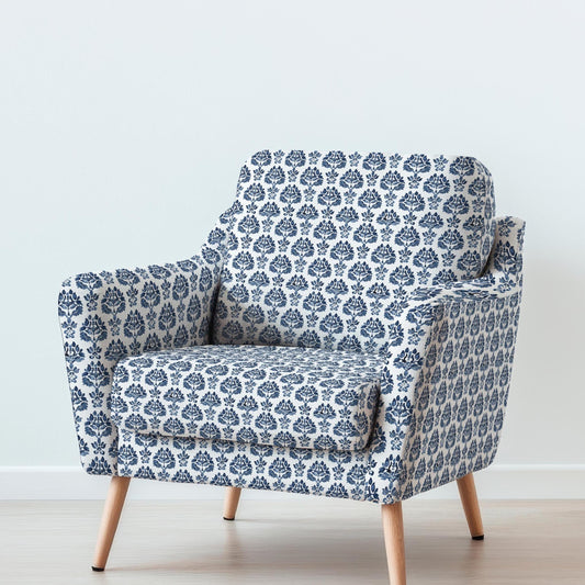 100% LINEN Fabric UPHOLSTERY 12oz - Block print indigo blue Morgan on linen - Modern vintage Victorian floral upholstery 389