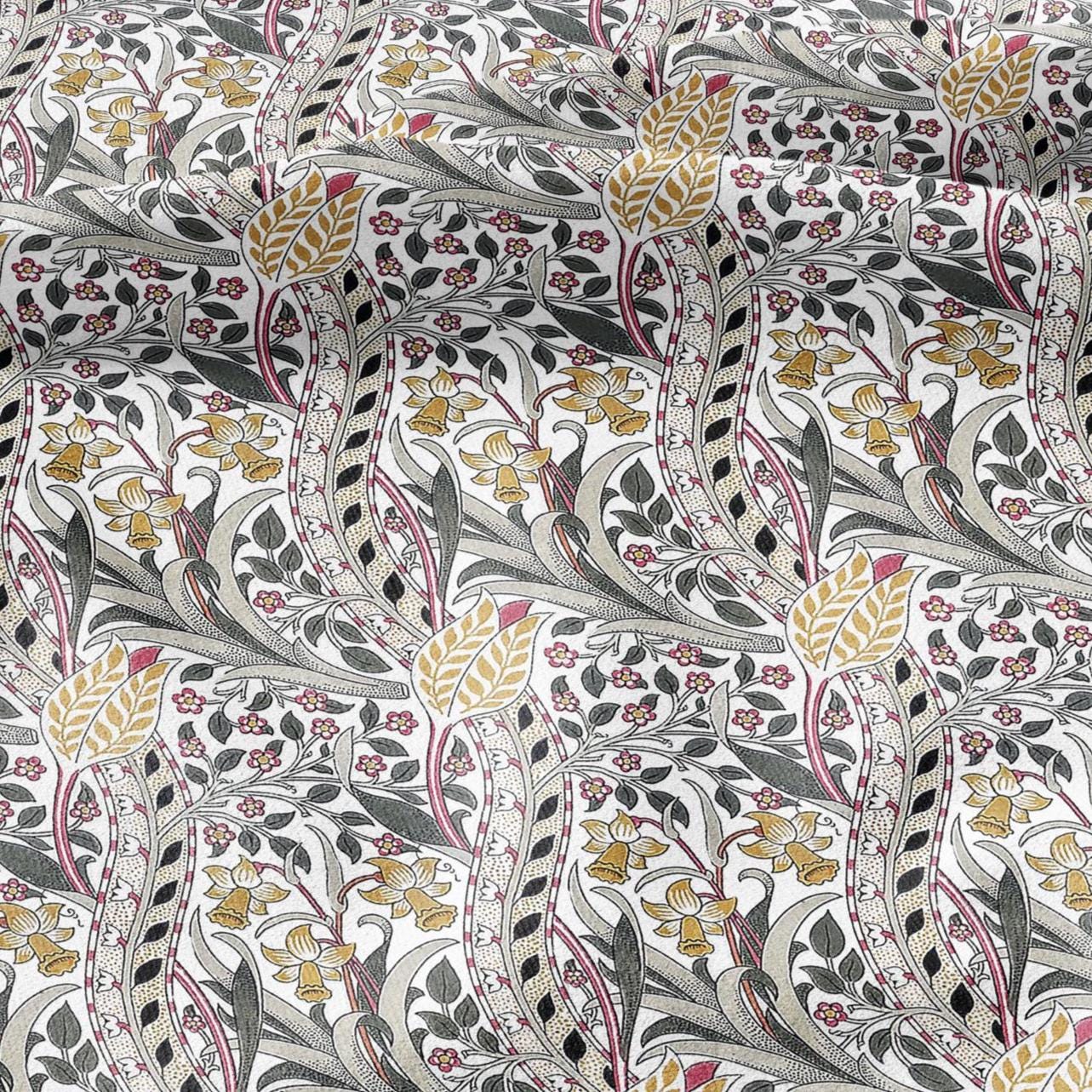 100% LINEN Fabric William Morris Daffodil print - Modern vintage botanical - Victorian Art Craft yellow red 3132