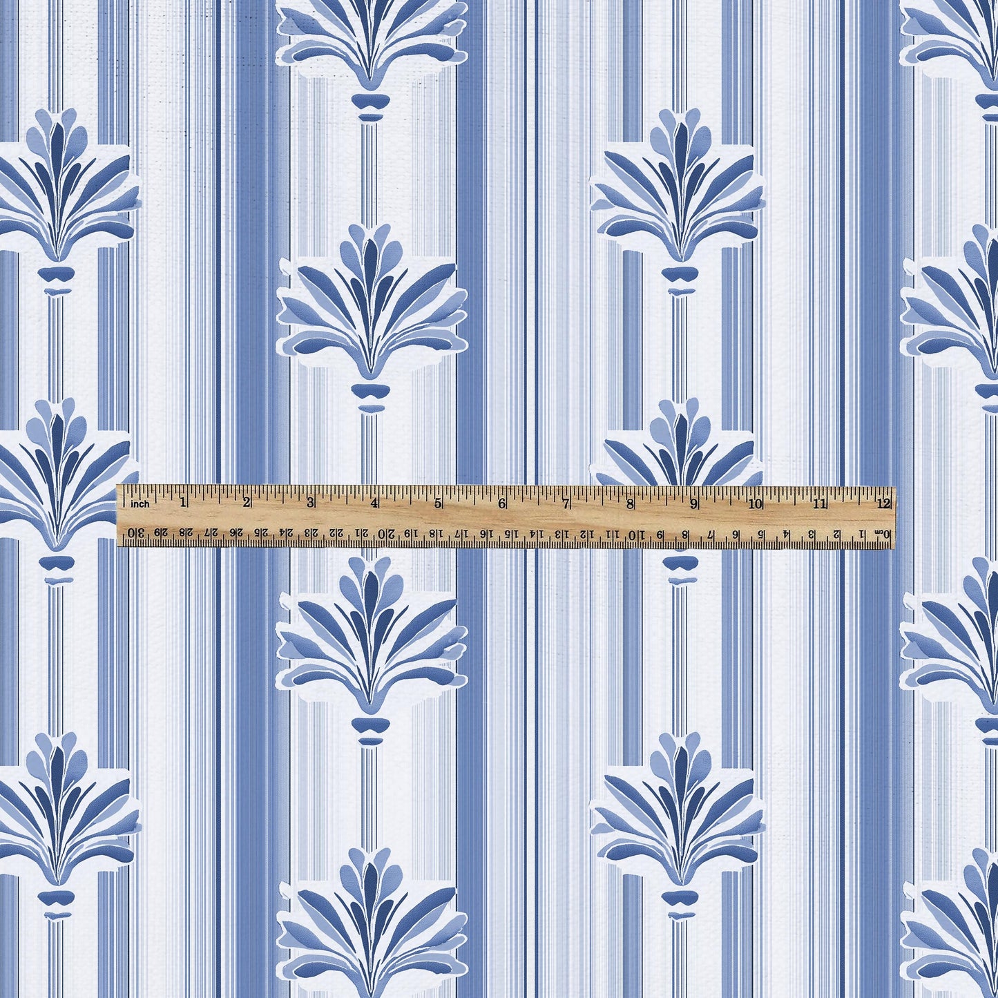 100% LINEN Fabric Stripe Fleur de lis blue print  - floral upholstery home textile artisan fabrics blue white 3129