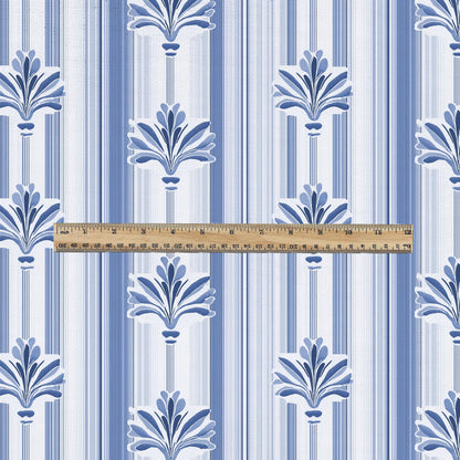 100% LINEN Fabric Stripe Fleur de lis blue print  - floral upholstery home textile artisan fabrics blue white 3129