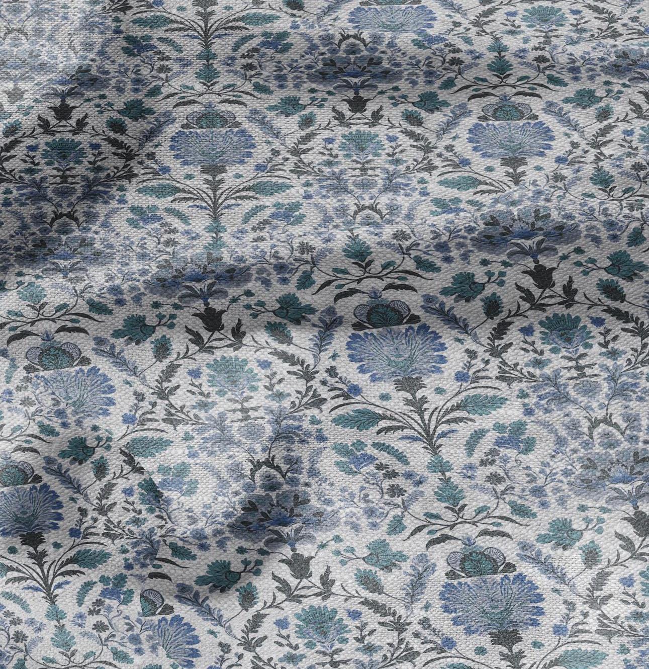 100% LINEN Fabric block print pale blue on white - floral linen Fabric LithuanianLinen for upholstery dressmaking curtains home textile