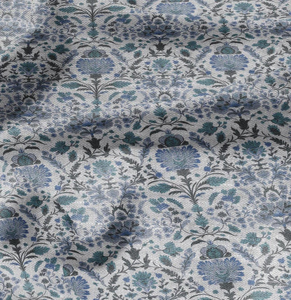 100% LINEN Fabric block print pale blue on white - floral linen Fabric LithuanianLinen for upholstery dressmaking curtains home textile