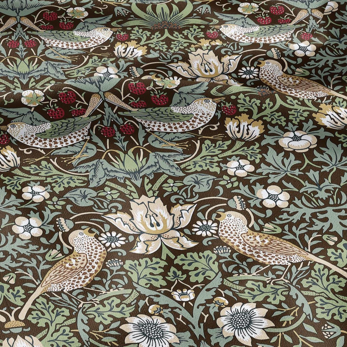 100% LINEN fabric - William Morris Strawberry thief brown green - British Victorian Art Craft flax - sewing home decor or clothing 3867