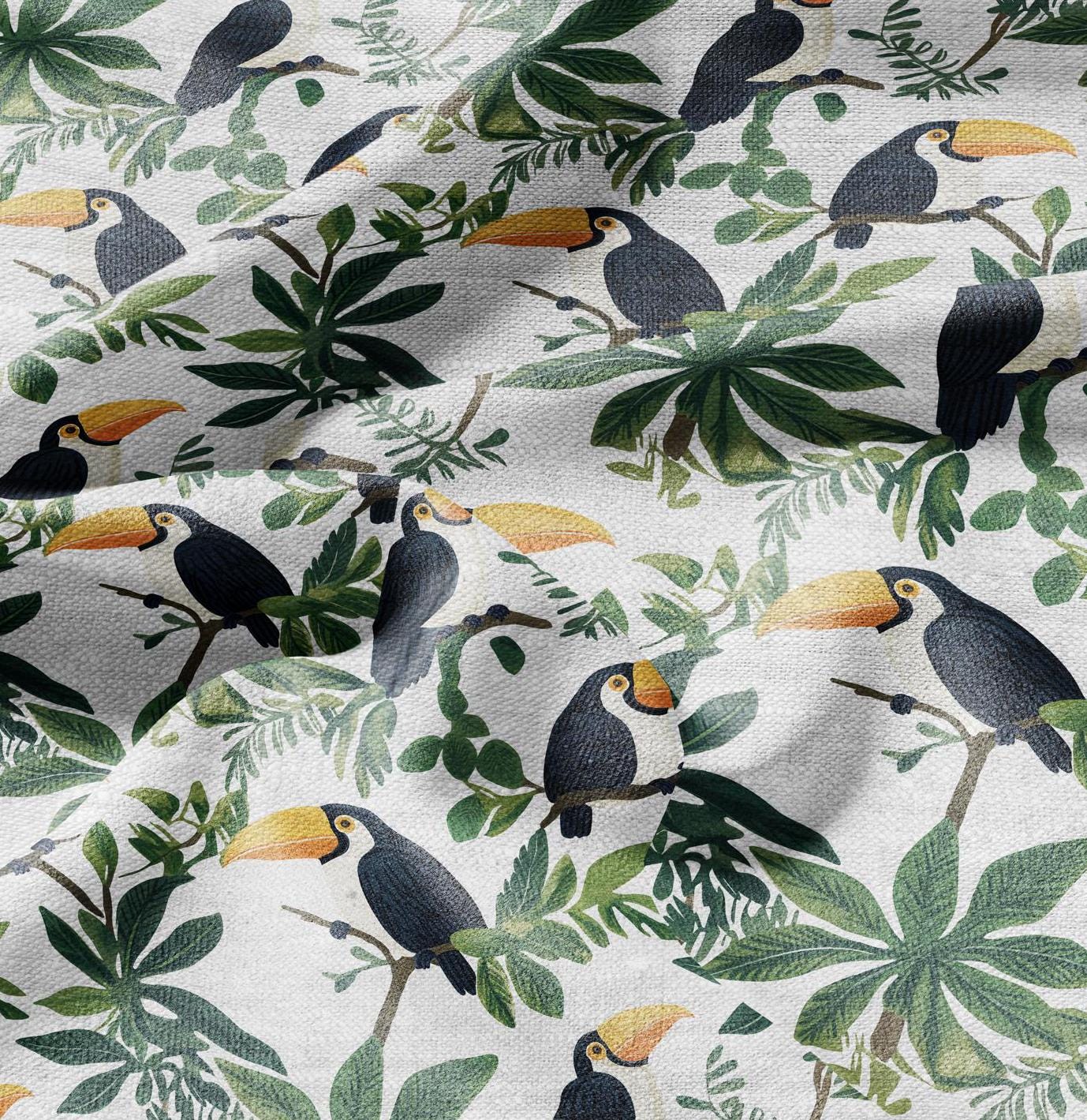 100% LINEN FabricTropical Toucan birds - floral linen Fabric by the Yard by LithuanianLinen for upholstery dressmaking curtains home textile