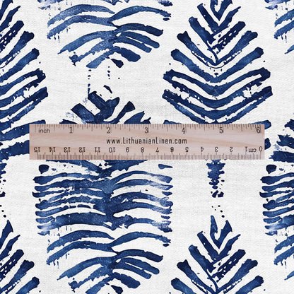 100% LINEN Fabric leaves print - Grandmillennial indigo blue - Modern vintage flower block print upholstery curtains dress making 2930