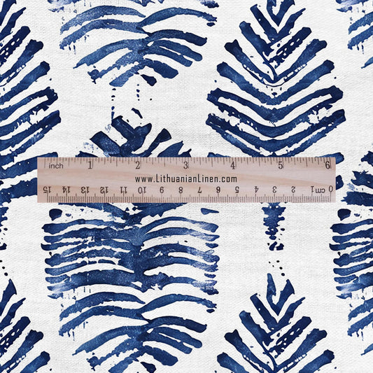 100% LINEN Fabric leaves print - Grandmillennial indigo blue - Modern vintage flower block print upholstery curtains dress making 2930