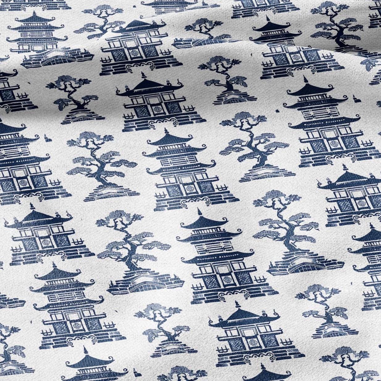 100% LINEN Fabric Pagoda blue print - oriental for upholstery home decor - medium for dress making 2873