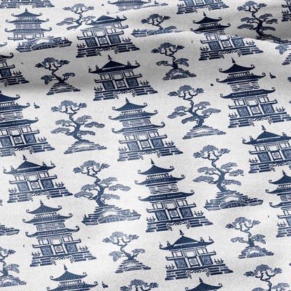 100% LINEN Fabric Pagoda blue print - oriental for upholstery home decor - medium for dress making 2873
