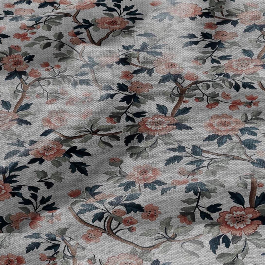 100% LINEN Fabric print Pink flower blossom print - oatmeal linen fabric floral botanical - heavy for home decor clothing 2750