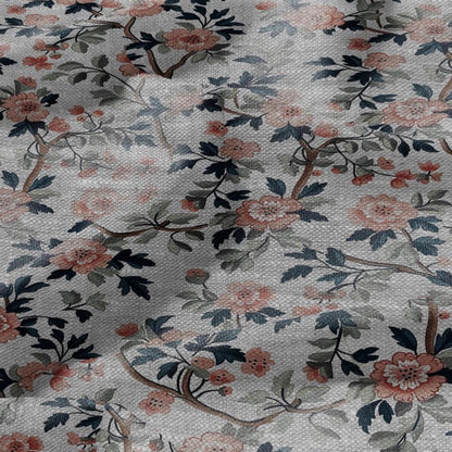 100% LINEN Fabric print Pink flower blossom print - oatmeal linen fabric floral botanical - heavy for home decor clothing 2750