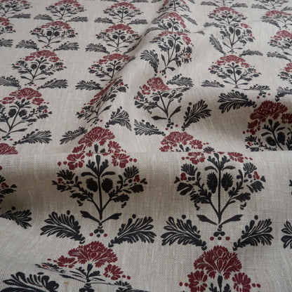 100% LINEN Fabric block print black red on grey | oatmeal linen fabric with floral print | linen fabric for upholstery home decor botanical