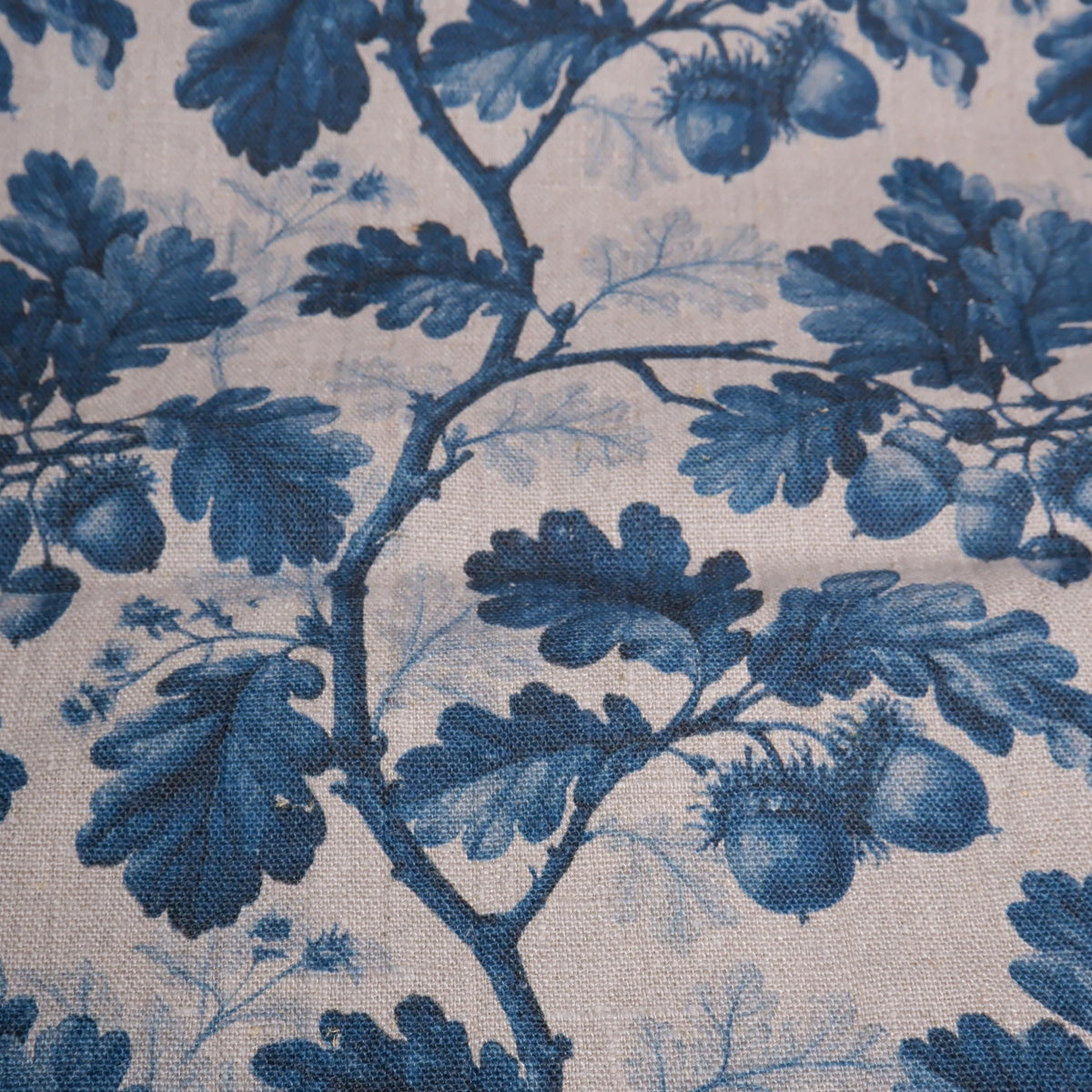 100% LINEN Fabric print Oak leaves with acorn blue grey -  floral botanical print - heavy for upholstery home decor clothing 3712