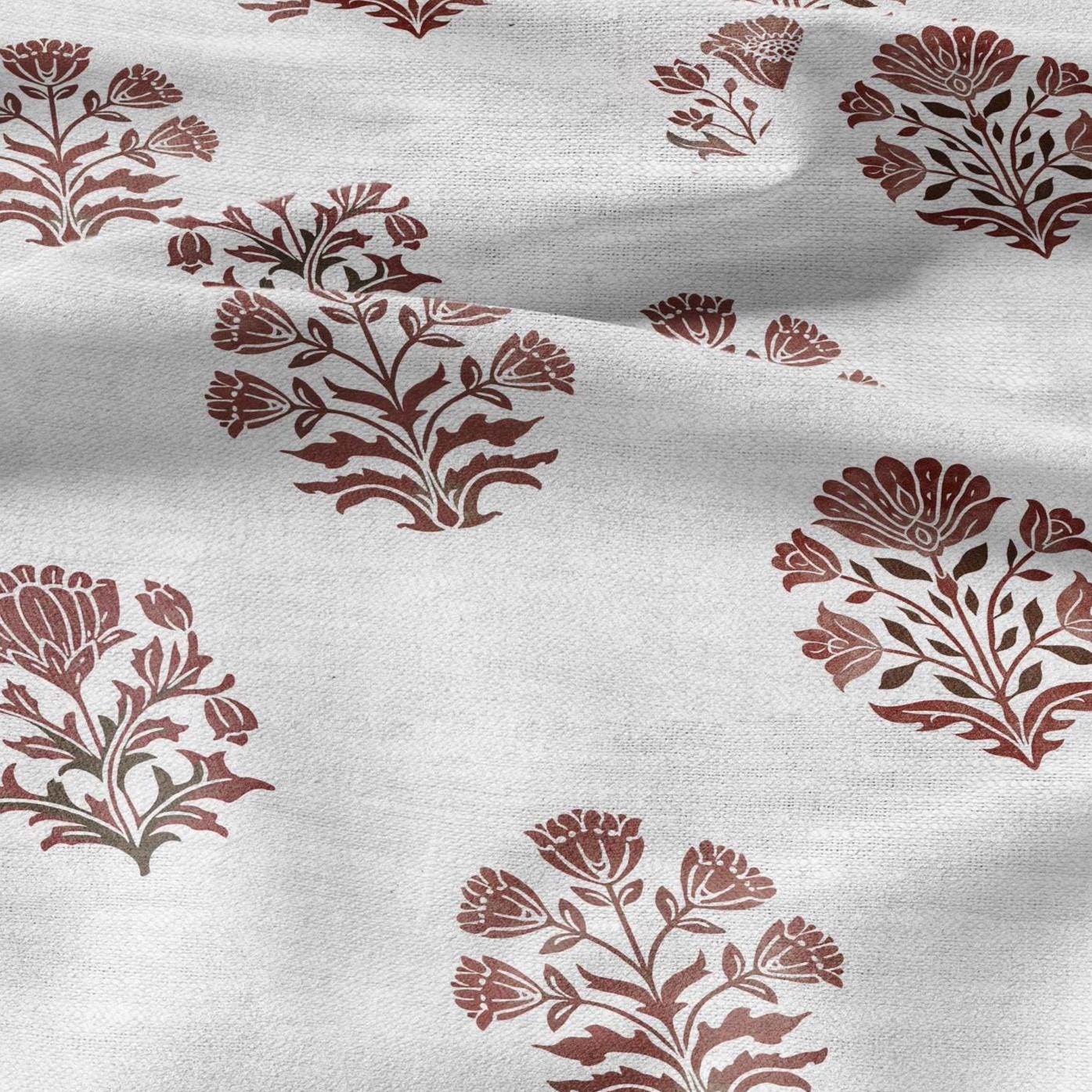 100% LINEN Fabric Block print Genda flower red - floral upholstery home textile artisan fabrics green white 2945