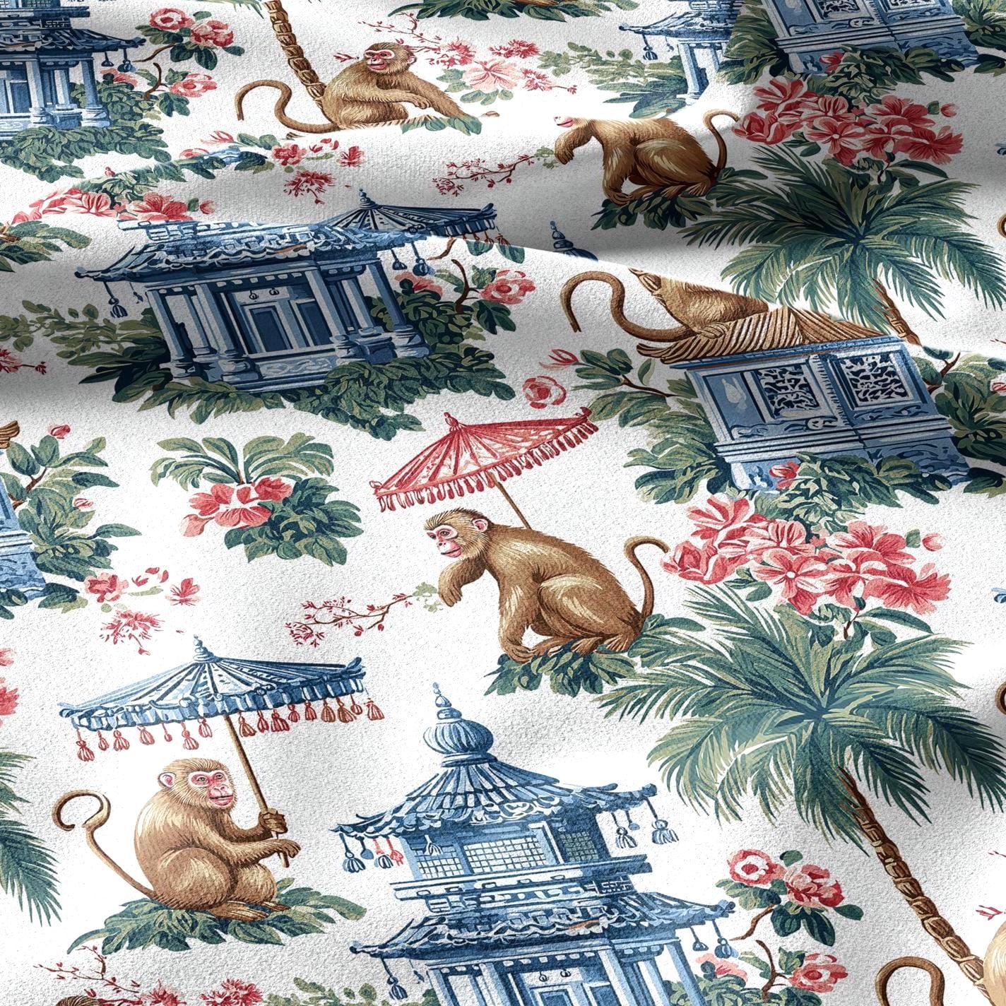 100% linen fabric Monkey with umbrella print - Vintage toile de jouy chinoiserie botanical  - Historical pagoda garden 3338