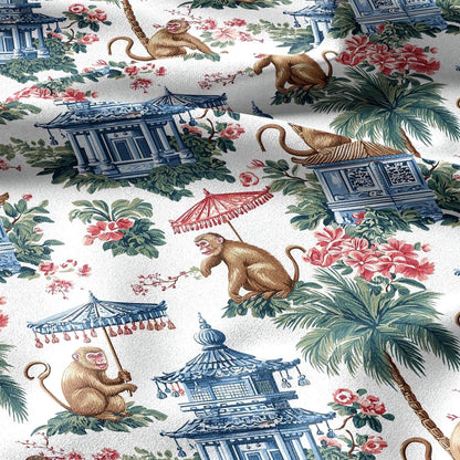 100% linen fabric Monkey with umbrella print - Vintage toile de jouy chinoiserie botanical  - Historical pagoda garden 3338