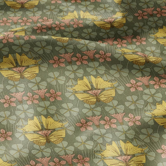 100% linen Art Nouveau Print fabric for Curtain Upholstery Cushion - Floral fabric with butterflies