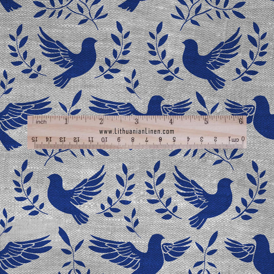 Doves blue print on 100% LINEN - Peace bird print linen Fabric - Linen fabric for dressmaking home textile 2680