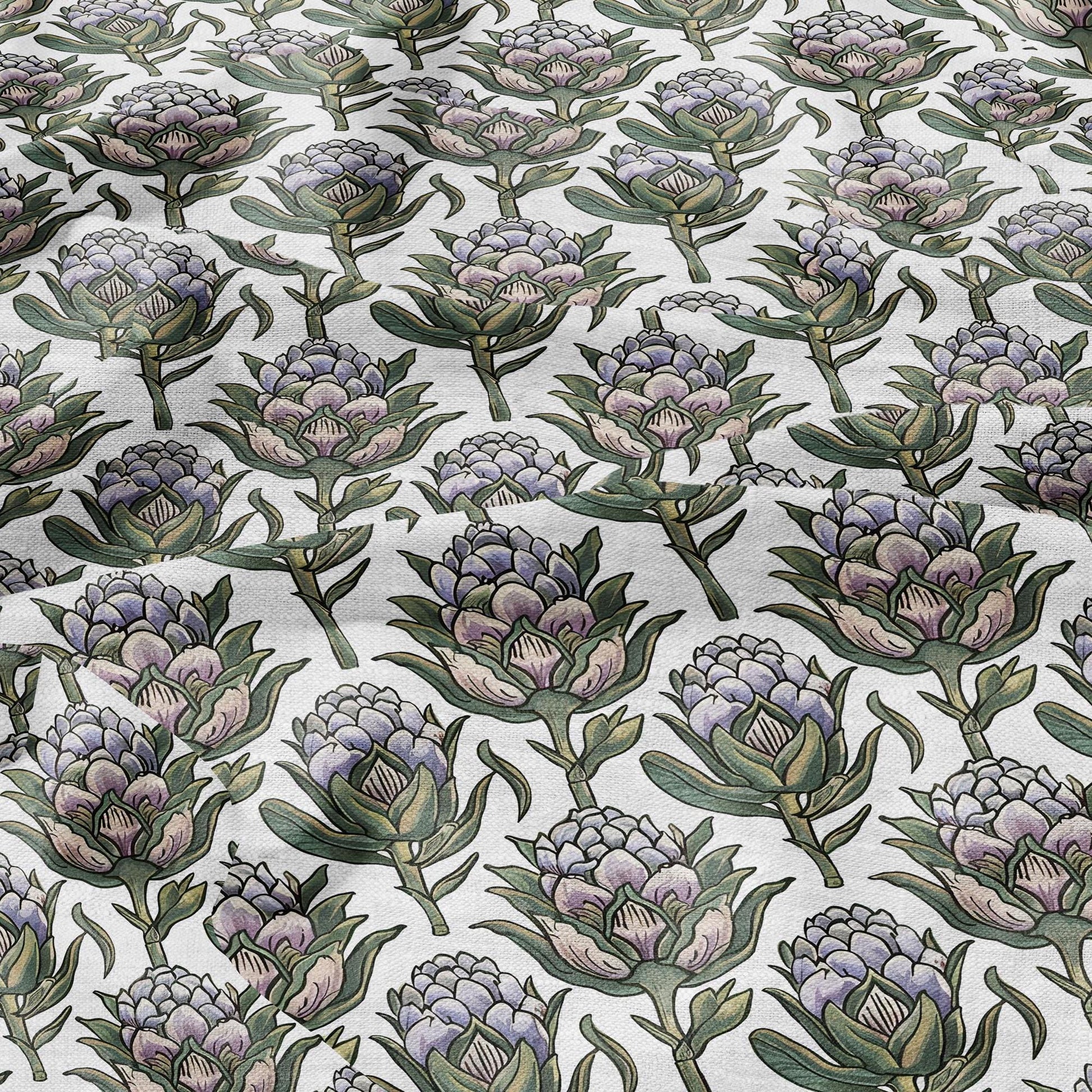 100% LINEN Fabric block print Artichoke - oatmeal natur linen fabric with blue floral print - heavy linen fabric for upholstery home decor