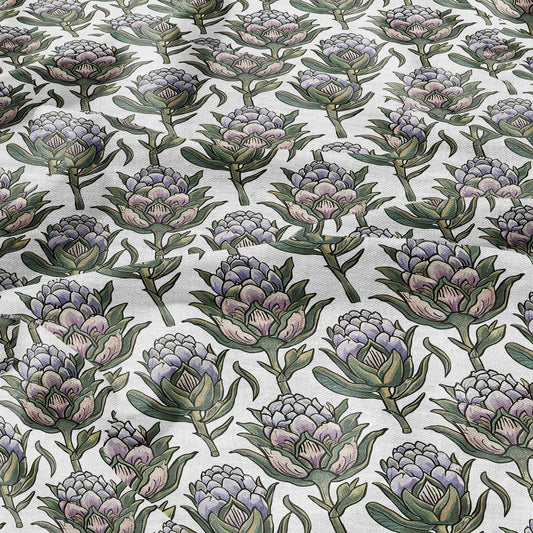 100% LINEN Fabric block print Artichoke - oatmeal natur linen fabric with blue floral print - heavy linen fabric for upholstery home decor